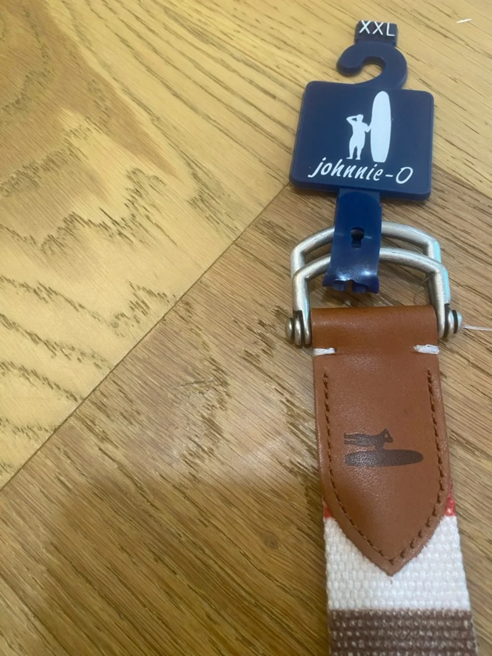 Johnnie-O Striped Canvas Belt with Leather Trim XXL NWT red, navy, Brown & White